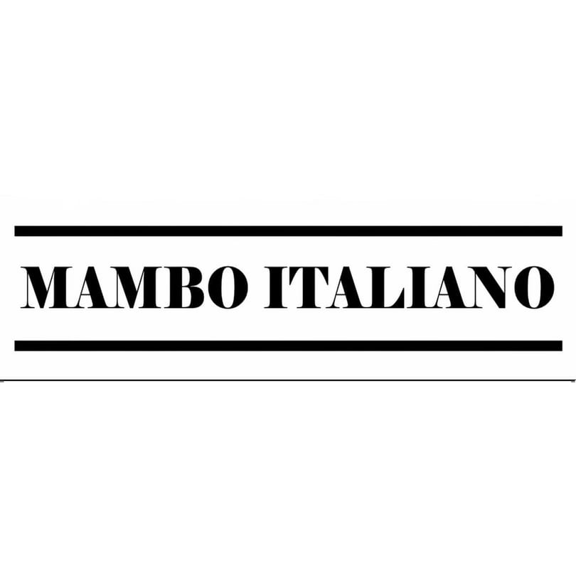 Mambo Italiano restaurant logo with black text and horizontal lines on a white background.